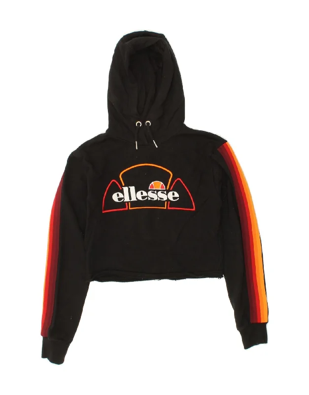 Super Deal ELLESSE Womens Crop Graphic Hoodie Jumper UK 4 XS Black Colourblock Cotton Super Deal ELLESSE Womens Crop Graphic Hoodie Jumper UK 4 XS Black Colourblock Cotton