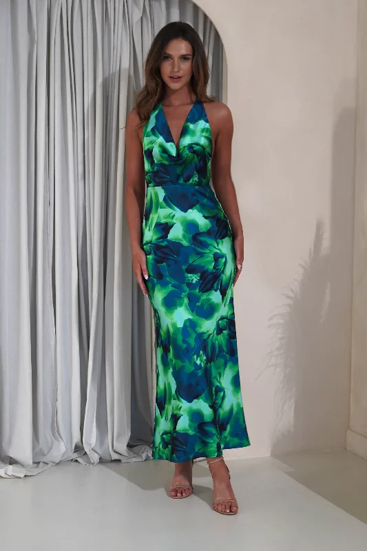Discount Days Fiji Soft Satin Maxi Dress | Green Print