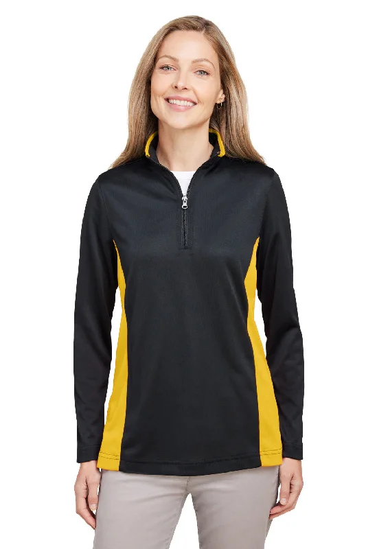 Midnight Madness Harriton Womens Flash Performance Moisture Wicking Colorblock 1/4 Zip Sweatshirt - Black/Sunray Yellow