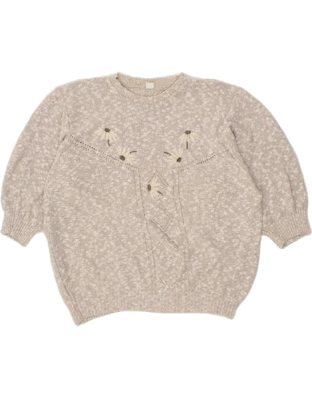 Super Deal VINTAGE Womens 3/4 Sleeve Crew Neck Jumper Sweater UK 14 Large Grey