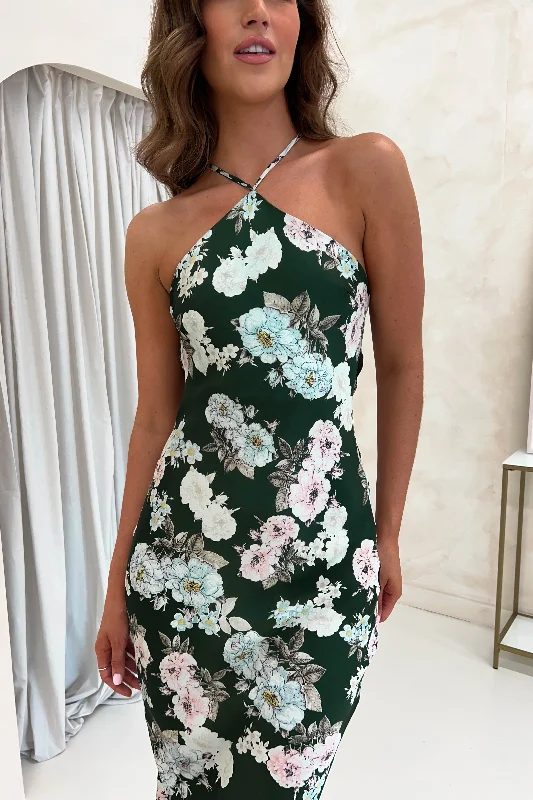 Price Buster Provence Halter Nect Midi Dress | Green Print
