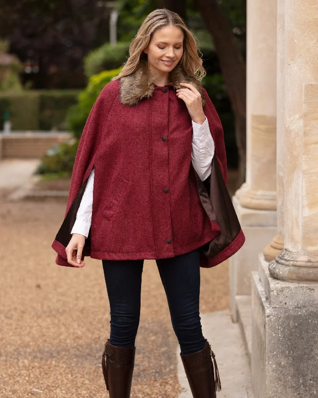 Overstock Newbury Tweed Cape with Faux Fur Collar - Jalapeno Red