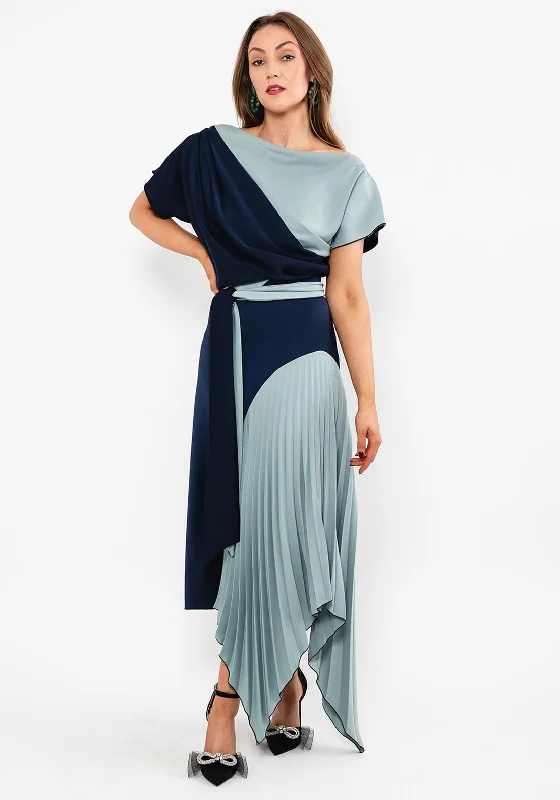 Seasonal Clearance Kevan Jon Lucy Pleat Drape Maxi Dress, Navy & Duck Egg